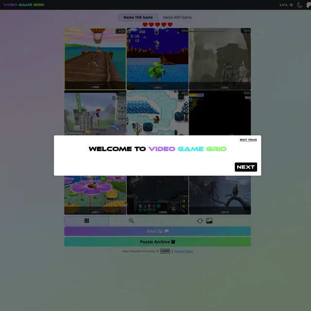 Video Game Grid showing a three-by-three grid of video game screenshots, each labelled with a release year (such as 1998, 1991, 2005, 2007 and 2019) and a match percentage, with Name THE Game and Name