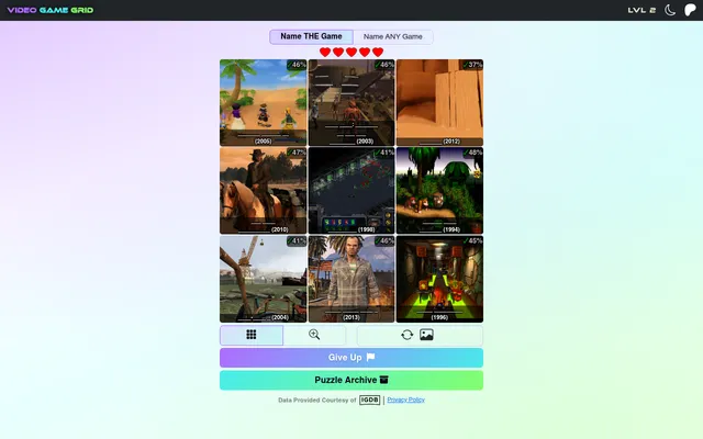 Video Game Grid: a three-by-three grid of nine video game screenshots, each with its release year and a percentage of players who named it, five hearts above and Give Up and Puzzle Archive buttons bel