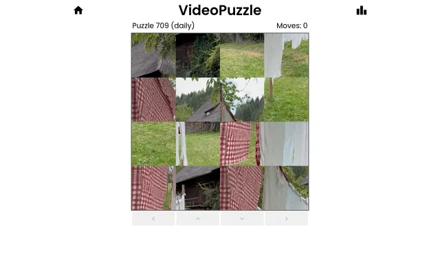 VideoPuzzle daily Puzzle 709 at the start: a 4x4 grid of scrambled video tiles of a farmhouse, grass and red checked washing, with shift arrows below