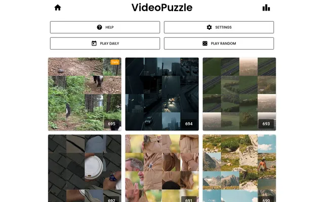 VideoPuzzle home: Play Daily and Play Random buttons above scrambled video tiles of puzzles 690 to 695, today's marked Daily