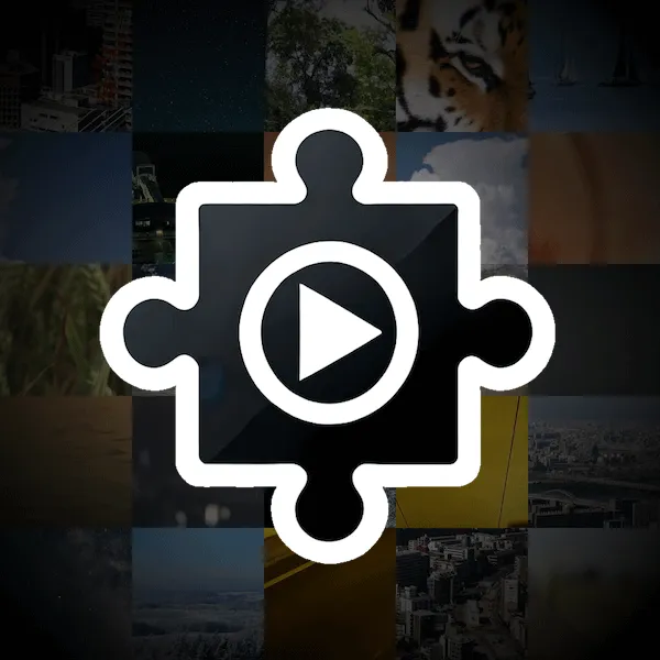 The VideoPuzzle icon, a jigsaw piece with a play button, over a grid of video tiles