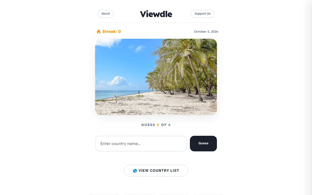 Viewdle board for October 5, 2026: a photo of a palm-lined white sand beach above Guess 0 of 6 and a box to enter a country name