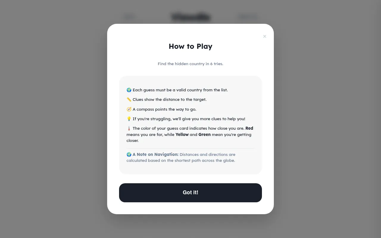 Viewdle How to Play card: find the hidden country in 6 tries, with distance clues, a compass, extra clues and red, yellow and green guess cards