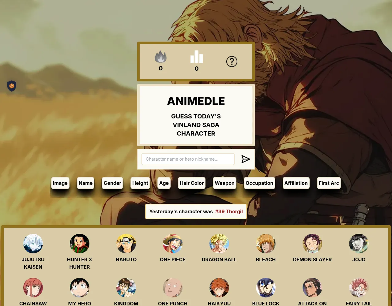 Vinlandle board: Guess today's Vinland Saga character, a name box and the columns gender, height, age, hair color, weapon, occupation, affiliation and first arc, with Yesterday's character was #39 Tho
