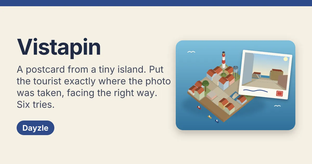 Vistapin card: the name and rule beside an isometric island with a lighthouse and red-roofed houses, and a polaroid of a street view