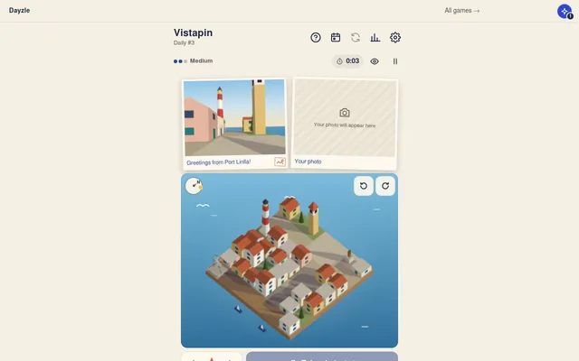 Vistapin Daily #3: a postcard of a lighthouse and tower over a plaza, an empty Your photo frame, and an isometric map of a small island town with a compass