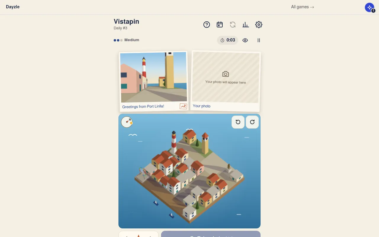 Vistapin Daily #3: a postcard of a lighthouse and tower over a plaza, an empty Your photo frame, and an isometric map of a small island town with a compass
