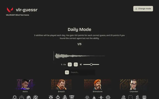 VLR Guessr Daily Mode, sound 1 of 5: an ability sound's waveform with play and replay buttons, a search box and VALORANT agent cards (Astra, Breach, Brimstone, Chamber) with their ability icons