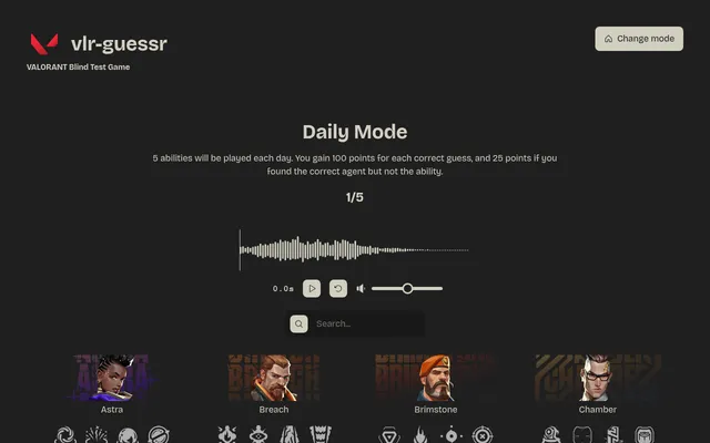 VLR Guessr Daily Mode on 26 Oct 2026, sound 1 of 5: the ability sound's waveform with play and replay buttons, a search box and VALORANT agent cards with ability icons