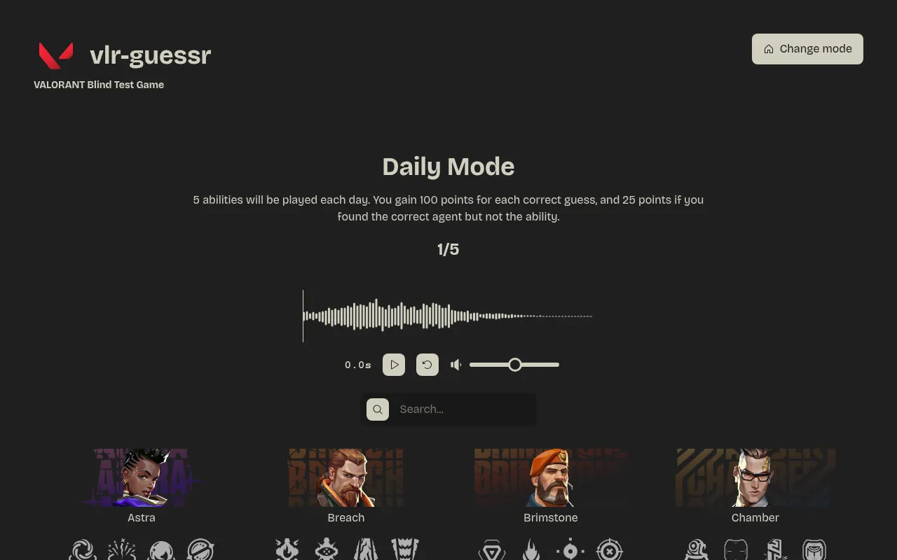 VLR Guessr Daily Mode on 26 Oct 2026, sound 1 of 5: the ability sound's waveform with play and replay buttons, a search box and VALORANT agent cards with ability icons