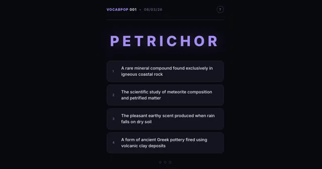 VocabPop puzzle 001 showing the word PETRICHOR and four possible meanings