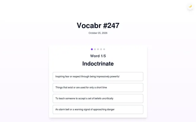 Vocabr #247 for October 05, 2026: word 1 of 5, Indoctrinate, with four definitions to choose from