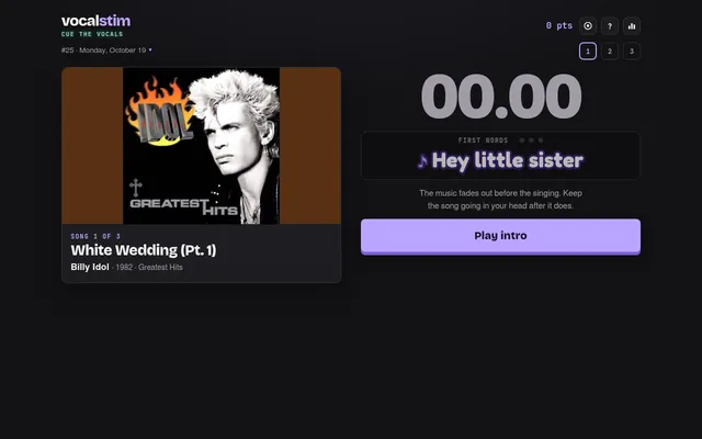 vocalstim board for Monday 19 October 2026: song 1 of 3, White Wedding by Billy Idol, with the clock at 00.00, the first words Hey little sister and the Play intro button