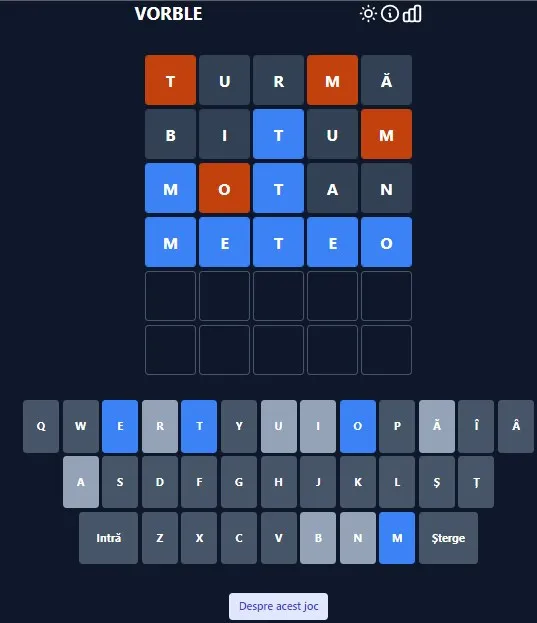 A Vorble board with Romanian letter tiles and a keyboard with diacritics