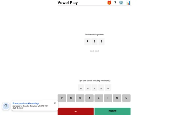 A Vowel Play round: the consonants P S S shown with Fill in the missing vowels, four progress dots, five answer blanks and a keyboard of those consonants plus A E I O U
