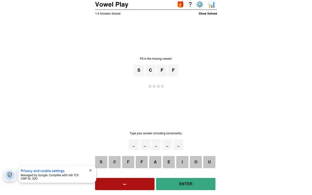 Today's Vowel Play board on a desktop: one of four answers solved, the next word shown as the consonants S C F F, five answer blanks and a keyboard of those consonants plus A E I O U