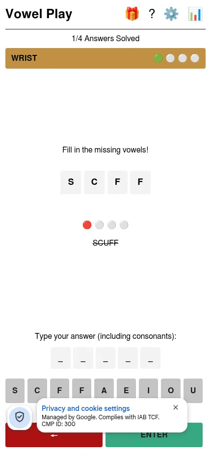 Vowel Play at phone size: WRIST solved with a green dot, and a wrong guess SCUFF struck through under the consonants S C F F with one red attempt dot