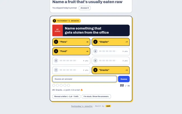 Vox Pop #37 board for Name something that gets stolen from the office, with Pens, Stapler, Food and Snacks found among eight ranked answers and 22 of 36 points