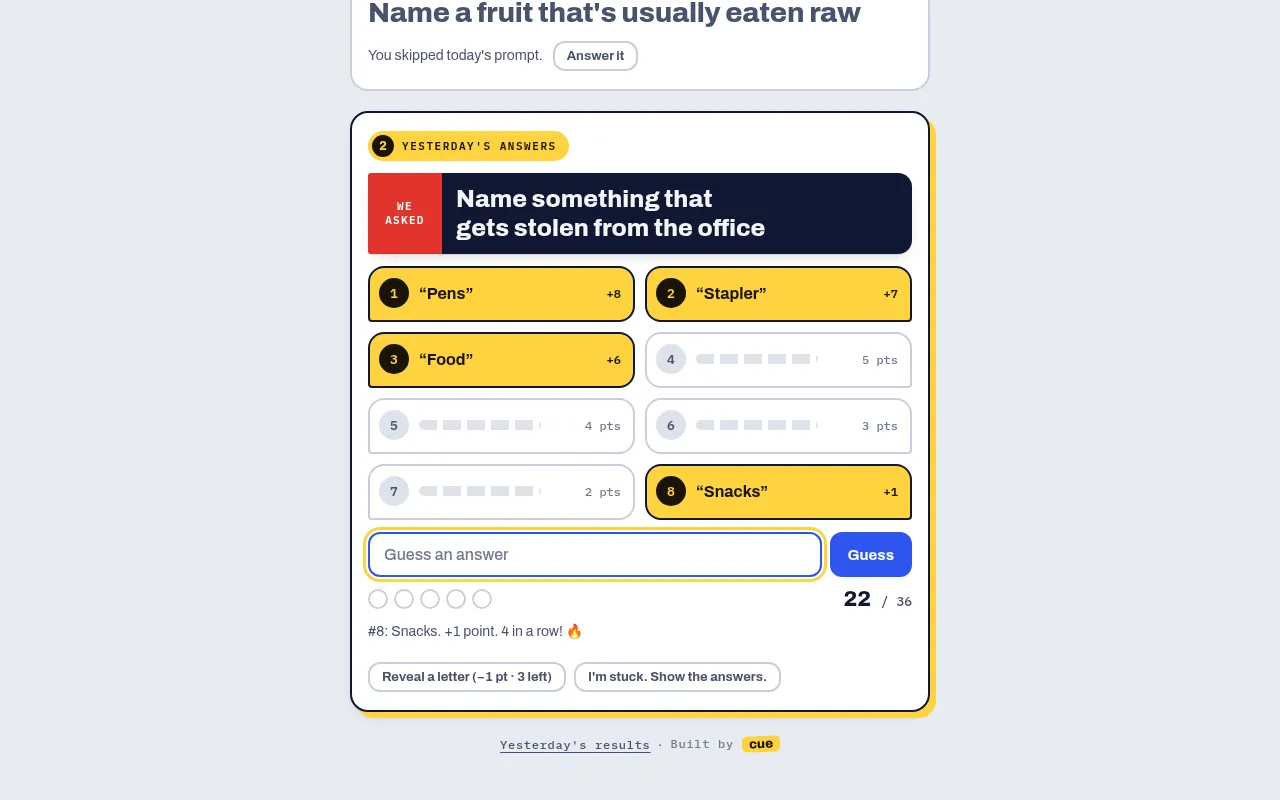 Vox Pop #37 board for Name something that gets stolen from the office, with Pens, Stapler, Food and Snacks found among eight ranked answers and 22 of 36 points