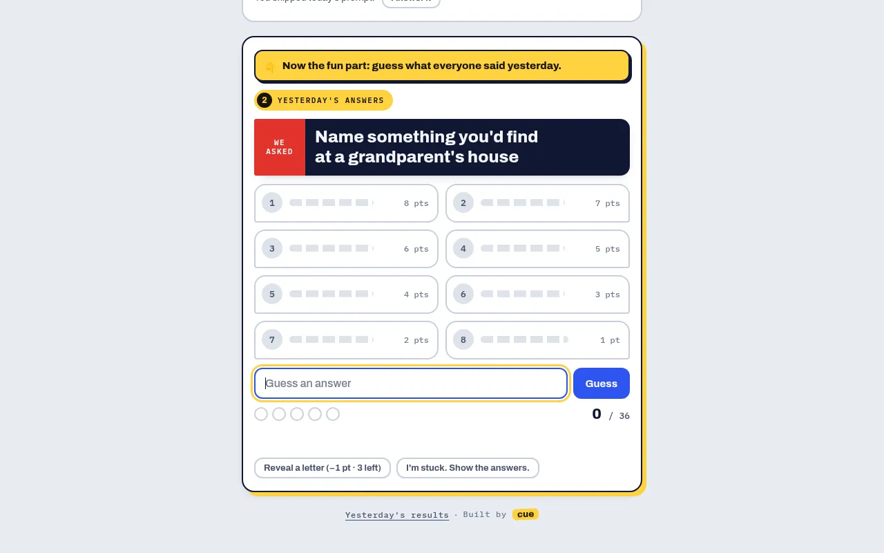 Vox Pop board for the question Name something you'd find at a grandparent's house, with eight hidden ranked answers worth 8 points down to 1 and a box to type a guess
