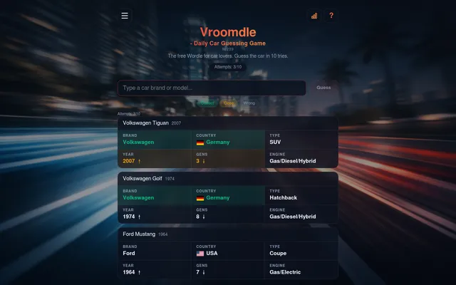 Vroomdle puzzle 239 after three guesses: Ford Mustang, Volkswagen Golf and Volkswagen Tiguan rows, with green brand and country tiles and yellow year and generations tiles on the Tiguan