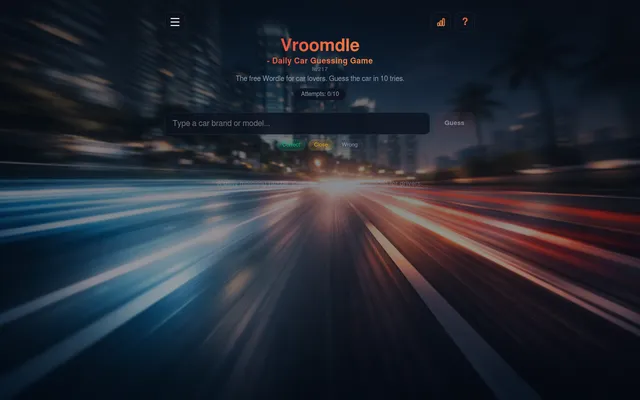 Vroomdle puzzle number 217 before the first guess: the search box for a car brand or model, attempts 0 of 10, and the Correct, Close and Wrong key over a blurred night road