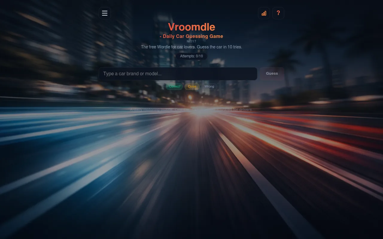 Vroomdle puzzle number 217 before the first guess: the search box for a car brand or model, attempts 0 of 10, and the Correct, Close and Wrong key over a blurred night road