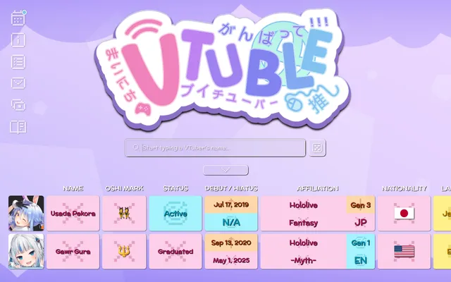 VTuble Classic on a desktop, 30 October 2026: Gawr Gura and Usada Pekora guessed, with clue tiles for oshi mark, status, debut, affiliation and nationality