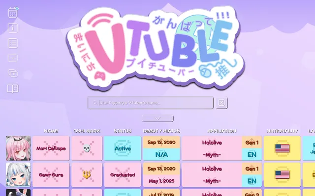 VTuble Classic on a desktop, 26 October 2026: Mori Calliope and Gawr Gura guessed, with clue tiles for oshi mark, status, debut, affiliation and nationality