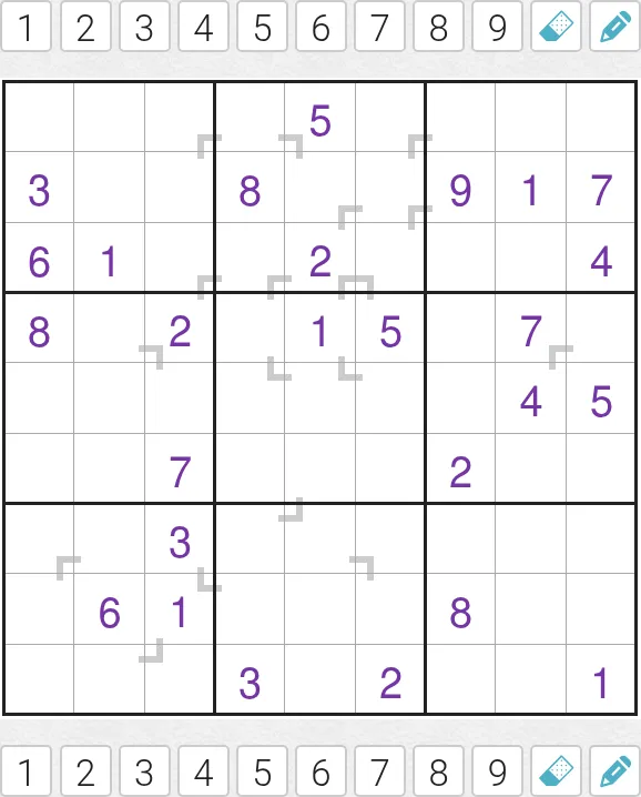 Today's Medium Vudoku on PuzzleMadness for 3 October 2026: a 9x9 grid with small grey V-shaped corner clues and purple given digits