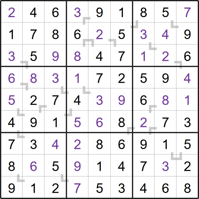 A solved example Vudoku from PuzzleMadness's rules: a full 9x9 grid with grey V clues where two of three digits add up to the third