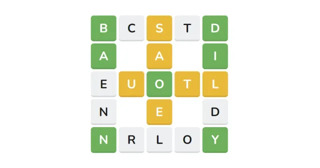 A Waffle grid of six crossing words with green, yellow and grey letter tiles