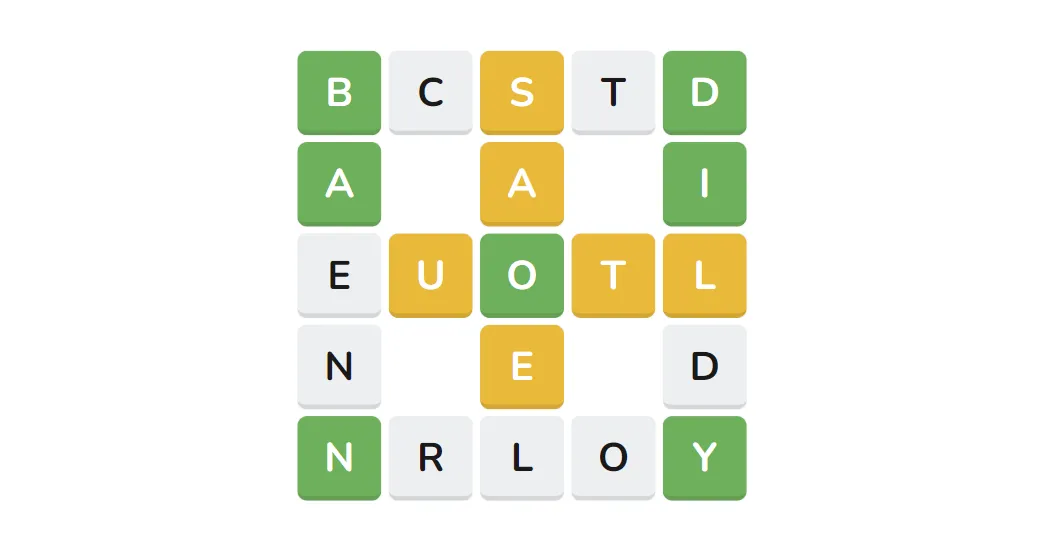 A Waffle grid of six crossing words with green, yellow and grey letter tiles