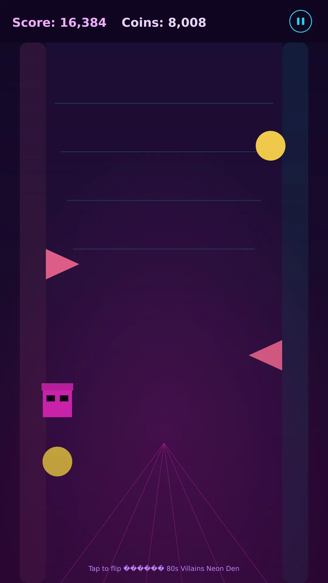 Wall Flip Rush in play: a pink runner on a neon synthwave track between two walls, with pink spikes and gold coins, score 16,384