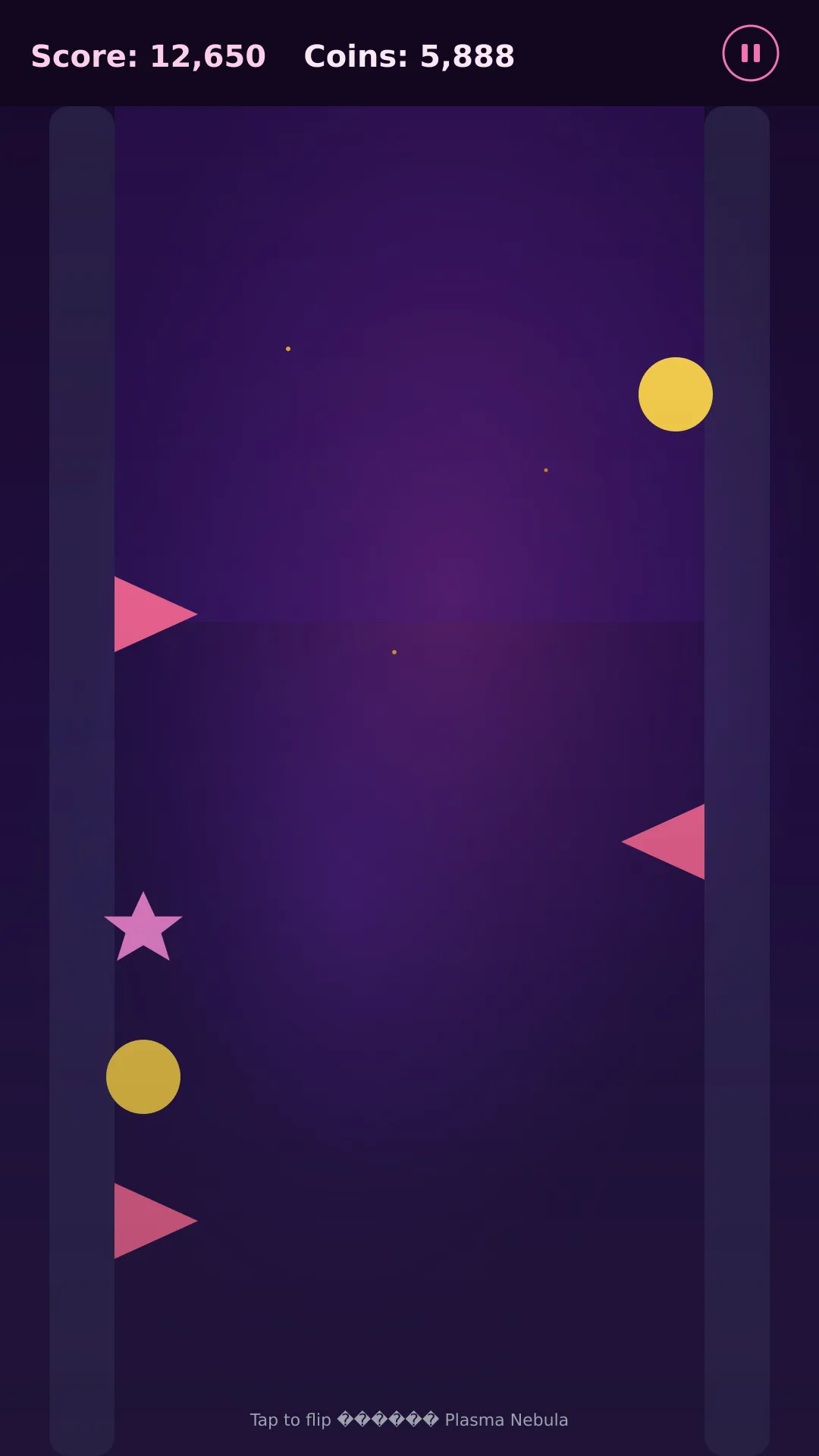 Wall Flip Rush in the Plasma Nebula theme: a star-shaped runner on the left wall with spikes on both sides