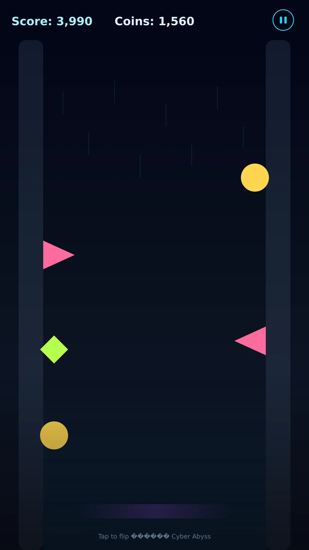 Wall Flip Rush in the Cyber Abyss theme: a green runner between two dark walls, dodging pink spikes toward gold coins