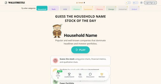 Wallstreetle category tabs and the Household Name stock of the day start screen