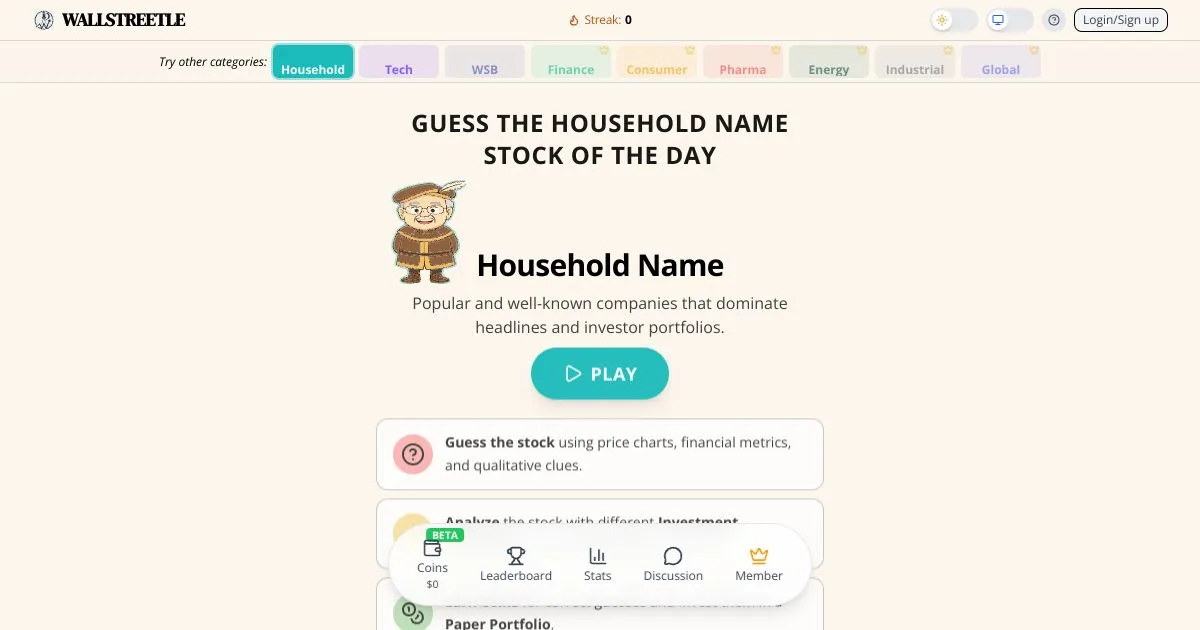 Wallstreetle category tabs and the Household Name stock of the day start screen