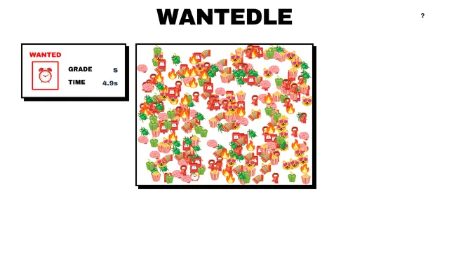 A Wantedle round in play: the wanted poster shows an alarm clock emoji with grade S and a 4.9 second timer, beside a crowd of decoy emoji such as popcorn, peppers, beetles and post boxes to search for