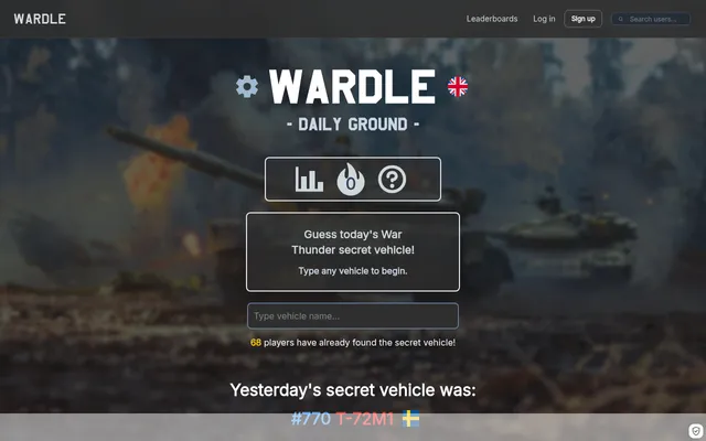 Wardle's Daily Ground game: the vehicle name guess box under Guess today's War Thunder secret vehicle, 68 players who found it so far, and yesterday's answer, puzzle #770, the T-72M1
