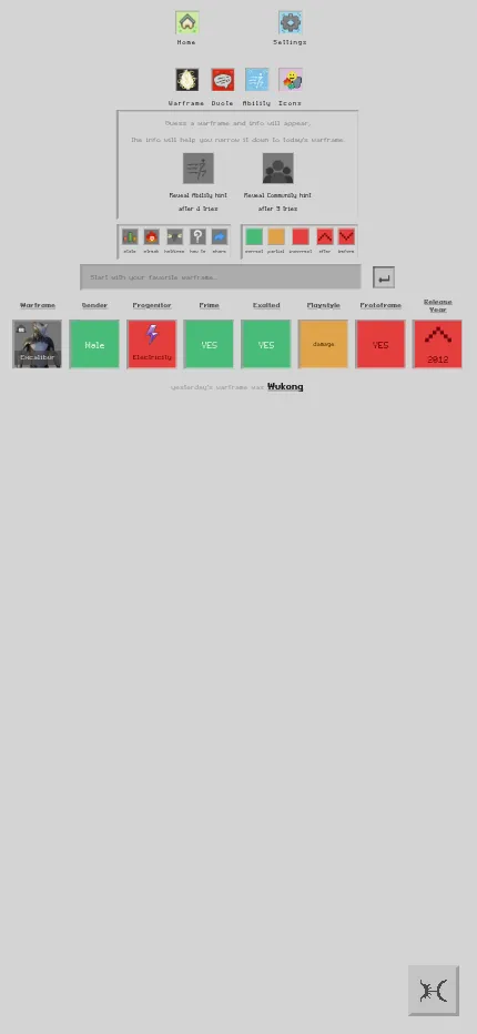WarframeDle's Warframe mode on a phone, with the hint buttons, guess box and an Excalibur guess row