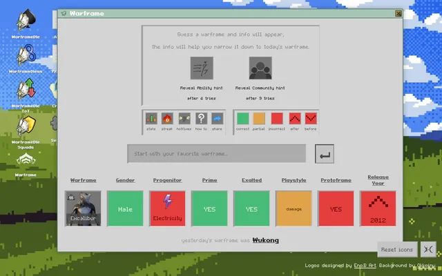 WarframeDle's Warframe mode after a first guess of Excalibur: a row of green, orange and red tiles for gender, progenitor, Prime, Exalted, playstyle, Protoframe and release year