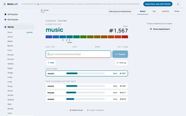 Warmer on Mind Loft, October 19, 2026, after three guesses: music is closest at rank 1,567, marked on the cold to hot colour scale, with house and ocean listed below