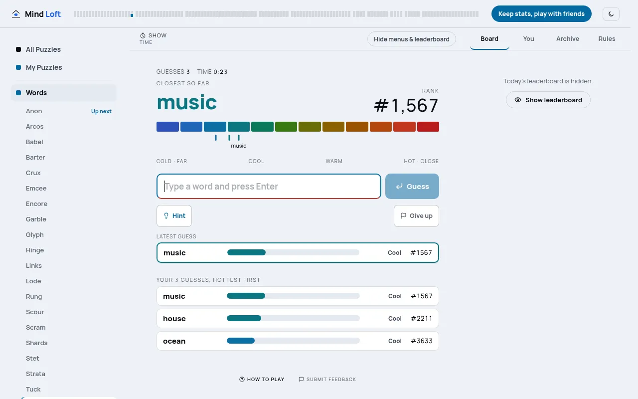 Warmer on Mind Loft, October 19, 2026, after three guesses: music is closest at rank 1,567, marked on the cold to hot colour scale, with house and ocean listed below