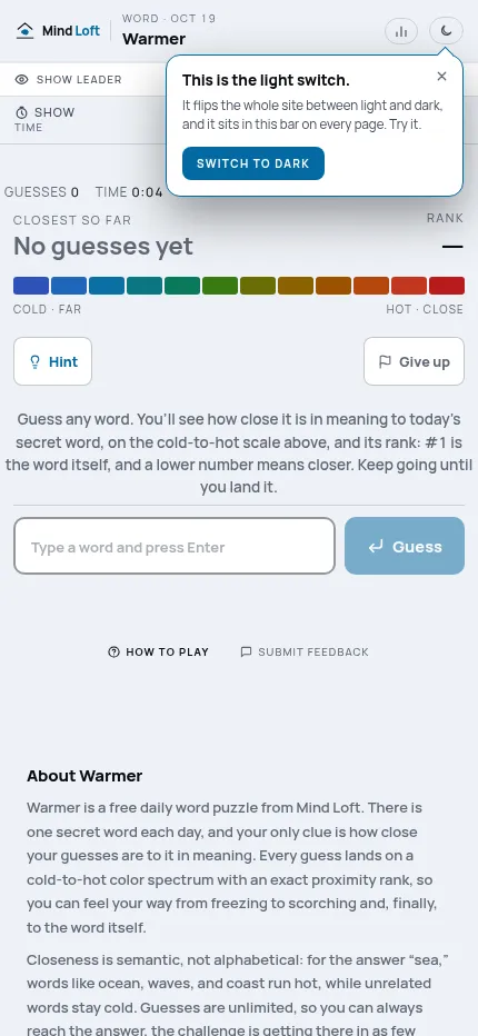 Warmer at phone size on October 19, 2026: the empty cold to hot scale, Hint and Give up buttons and the guess box, with Mind Loft's one-time light switch tip at the top