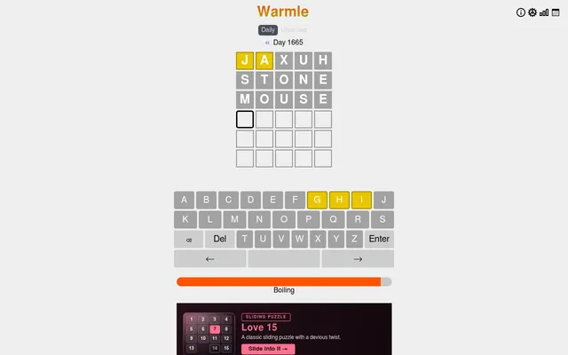 Warmle Day 1665 in play: clue row JAXUH with J and A yellow, guesses STONE and MOUSE in grey, an A to Z keyboard and the thermometer at Boiling