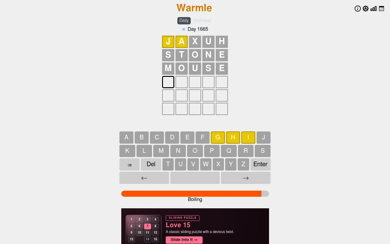 Warmle Day 1665 in play: clue row JAXUH with J and A yellow, guesses STONE and MOUSE in grey, an A to Z keyboard and the thermometer at Boiling
