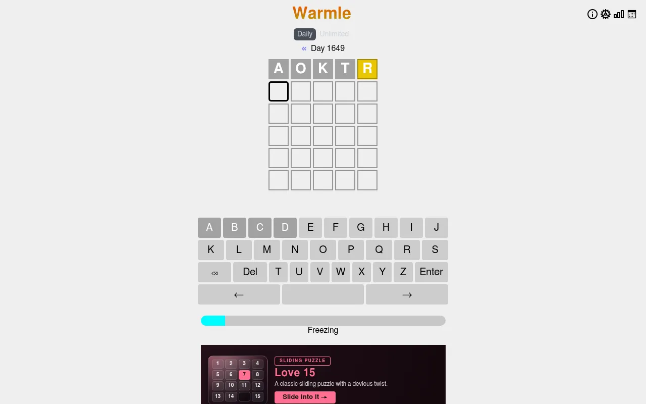 Warmle Day 1649: the clue row A O K T R with R in yellow above five empty rows, an alphabetical keyboard and a warmth meter reading Freezing