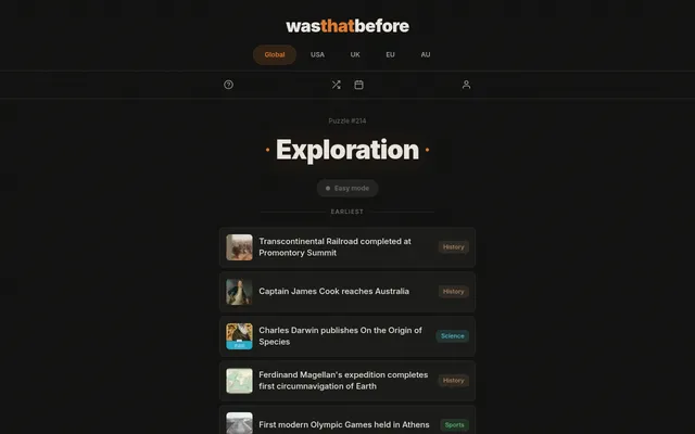 WasThatBefore puzzle #214, Exploration: five event cards from the Transcontinental Railroad to the first modern Olympics, with Global, USA, UK, EU and AU tabs