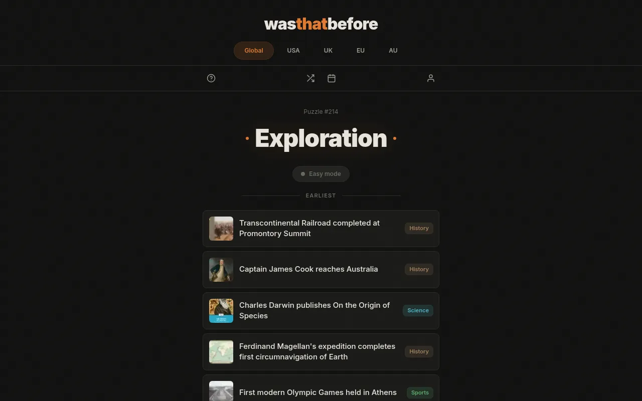 WasThatBefore puzzle #214, Exploration: five event cards from the Transcontinental Railroad to the first modern Olympics, with Global, USA, UK, EU and AU tabs